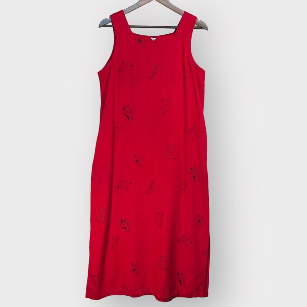 Country Wear Casual Midi Dress Women Size PM Red Linen Sleeveless‎ Dance Artsy